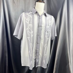 Royaura Hawaiian Bowling Shirt Gray Bamboo Print Casual Short Sleeve Button Down
